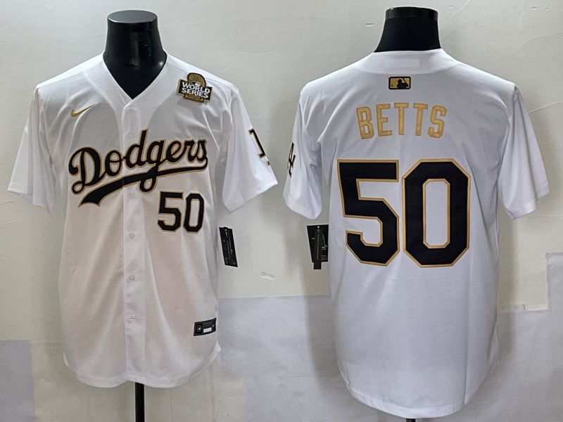 Men 2025 Los Angeles Dodgers #50 Betts White Gold Nike MLB Jersey style 6275